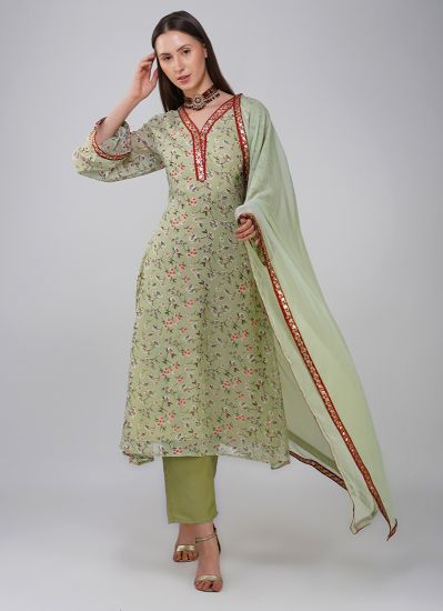 Green Georgette Printed A-Line Suit Set