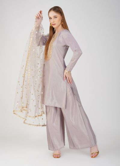 Buy Grey Shift Embroidered Palazzo Suit Set