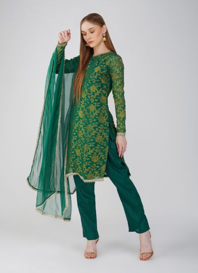 Buy Green Georgette Jacquard Trouser Suit Set