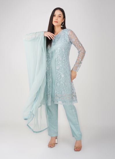 Buy Light Blue Resham Embroidery Jacket Suit Set