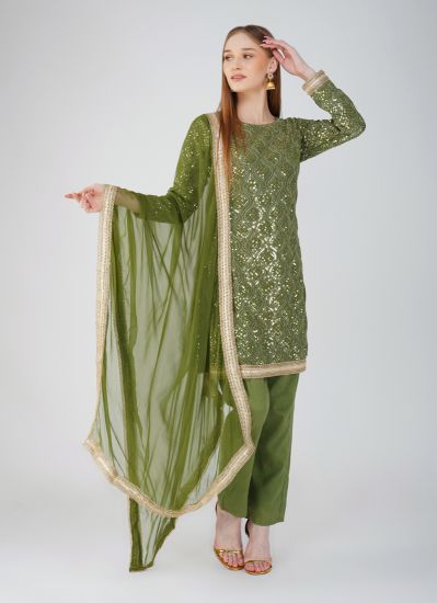 Buy Green Georgette Embroidered Suit Set