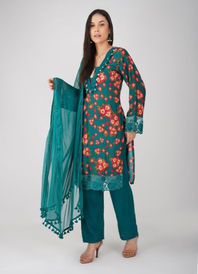 Buy Teal Muslin Printed Suit Set