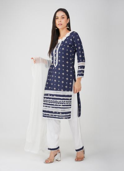 Blue Rayon Straight Cut Printed Suit Set