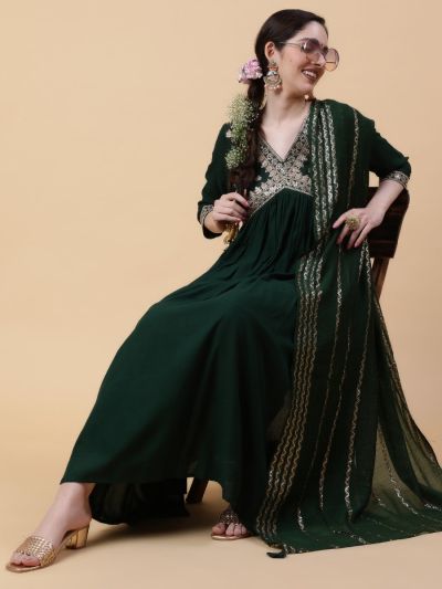 Buy Dark Green Flared Embroidered Suit Set