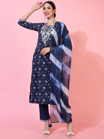 Navy Blue Rayon Embroidered Suit Set