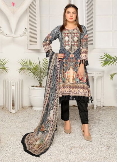 Shop Grey Black Frock Style Embroidered Ladies Suit