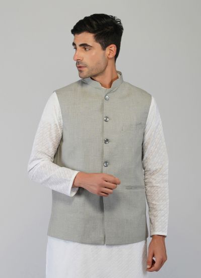 Grey Twill Nehru Collar Waistcoat