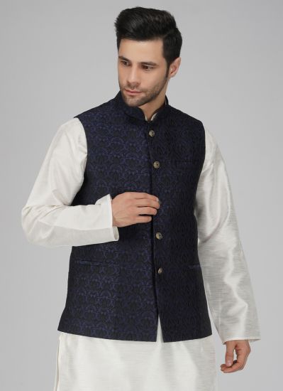 Buy Smart Men's Navy Blue Jacquard Waistcoat
