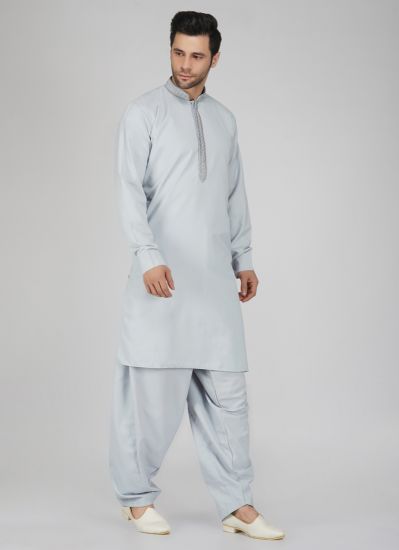 Grey Polyester Embroidered Mens Kurta Salwar Set