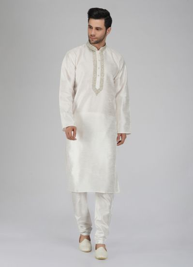 Buy Men's White Embroidered Silk Kurta Pyjama Set