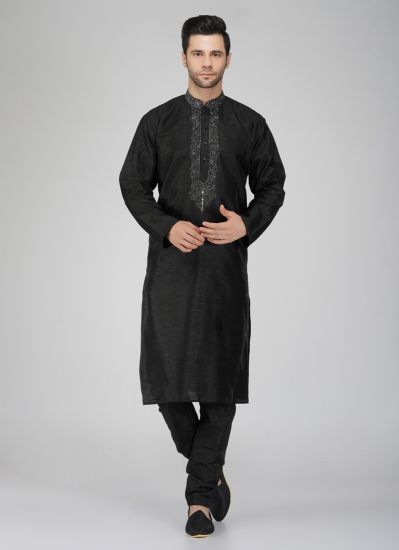 Men's Black Embroidered Silk Kurta Pyjama Set