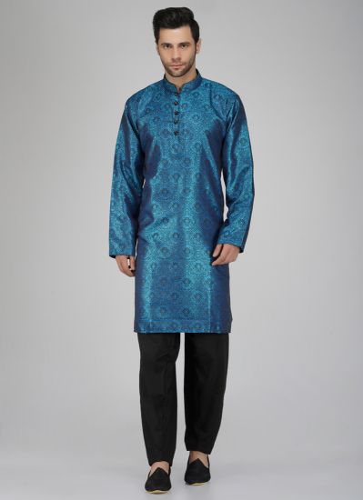 Men's Stylish Blue Polyester Jacquard Salwar Kameez