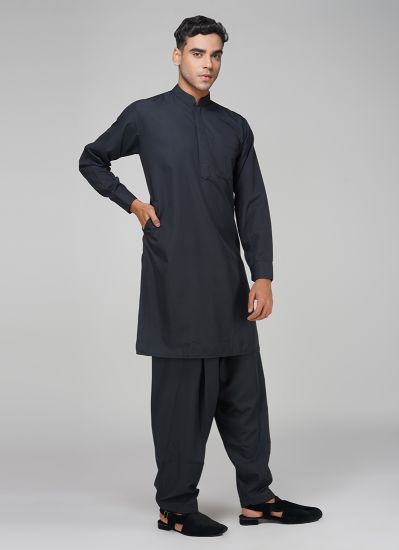 Men's Black Polyester Salwar Kurta Set