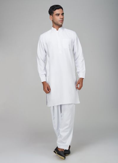 Men's White Polyester Salwar Kurta Set