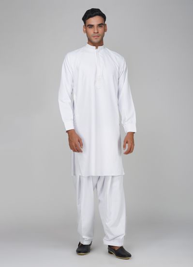 Men's White Polyester Resham Embroidered Kurta Set