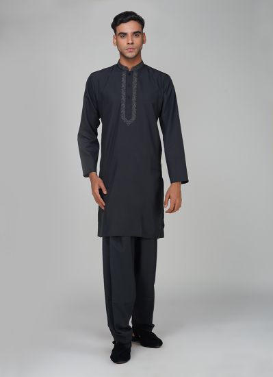 Men's Black Polyester Resham Embroidered Kurta Set
