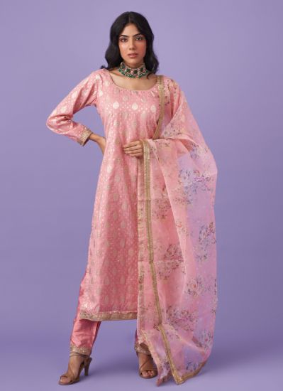 Pink Banarasi Lsdies Suit With Trouser & Dupatta