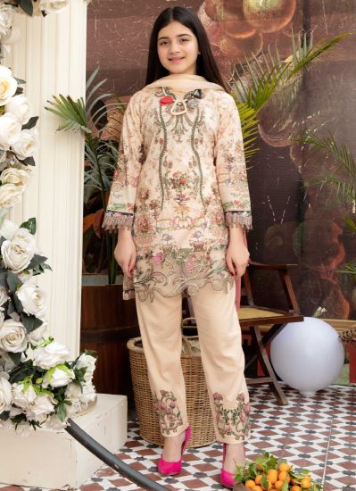 Kids Beige Lawn Printed Suit Set