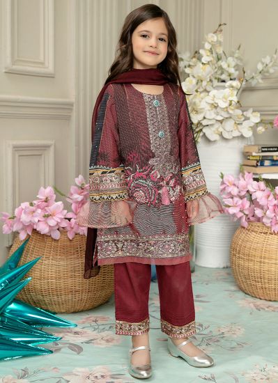 Kids Maroon Embroidered Lawn Suit Set