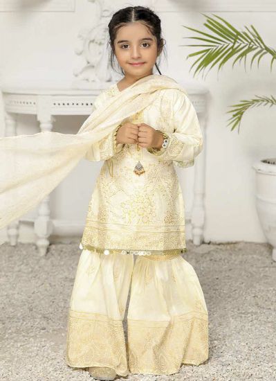 Kid's Ivory Lawn Gold Printed Gharara Suit Set