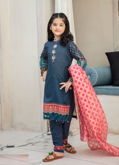 Kid's Blue Airjet Lawn Jacquard Dupatta Suit Set