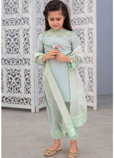 Kids Green Lawn Cotton Crochet Lace Pakistani Suit With Trouser & Dupatta