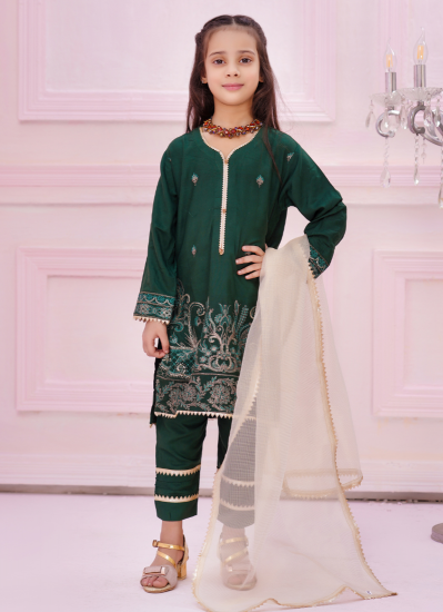 Green linen embroidered kids suit