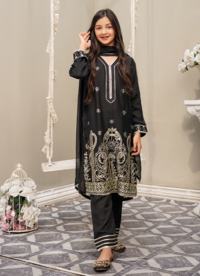 Kids Black Chiffon Embroidered Suit