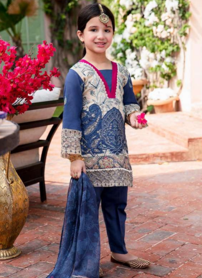Kids Navy Blue Lawn Embroidered Suit Set