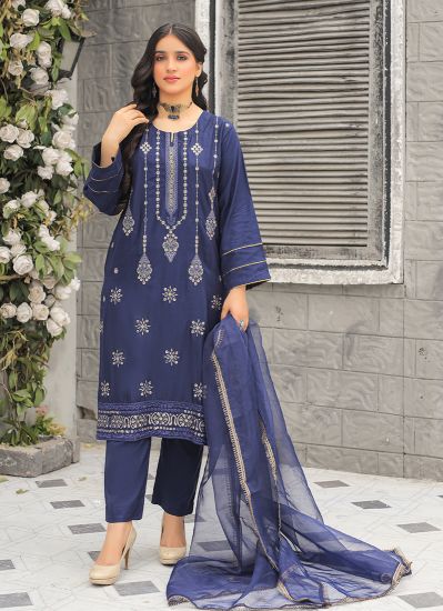 Navy Blue Embroidered Suit Set
