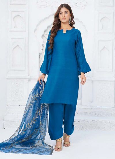 Blue Linen Zari work Pakistani Suit with Salwar