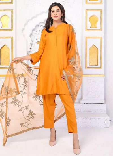 Mustard Linen Pakistani Suit with Trouser & Zari Dupatta