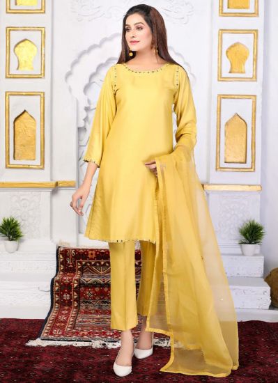 Mustard Linen Pakistani Suit with Trouser & Dupatta