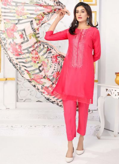 Red Linen Printed Suit with Trouser & Dupatta