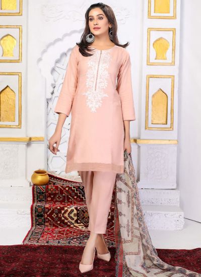 Pink Linen Kameez Printed Dupattta Suit Set
