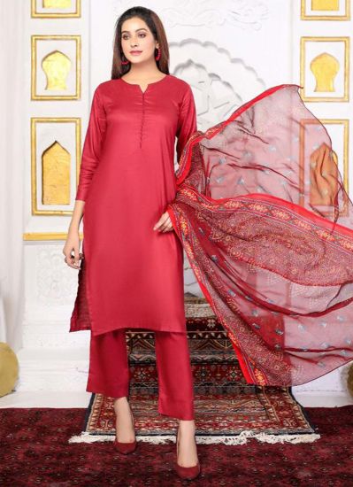 Maroon Linen Kameez Printed Dupattta Suit Set