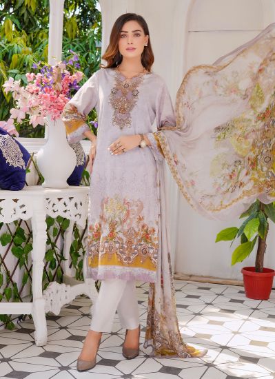 Grey Lawn Pakistani Suit With Cotton Trouser & Dupatta