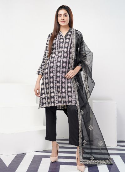 Buy Black Printed linen Pakistani Suit with Trouser & Dupatta 