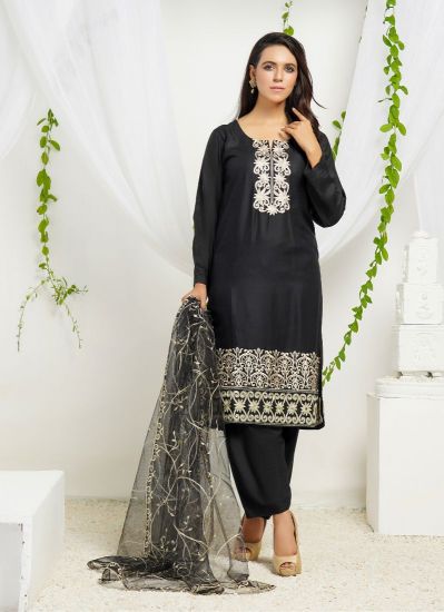 Black Linen Thread Embroidery Salwar Suit