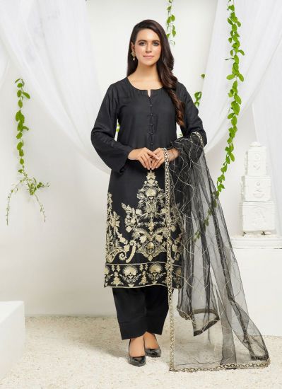 Black Linen With Embroidered Dupatta Salwar Suit Set