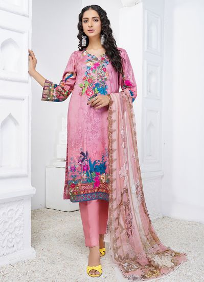 Pink Linen Digital Printed Kameez Suit Set