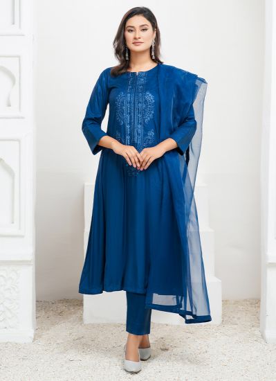 Buy Blue A-line Thread Embroidered Linen Pakistani Suit with Trouser & Dupatta