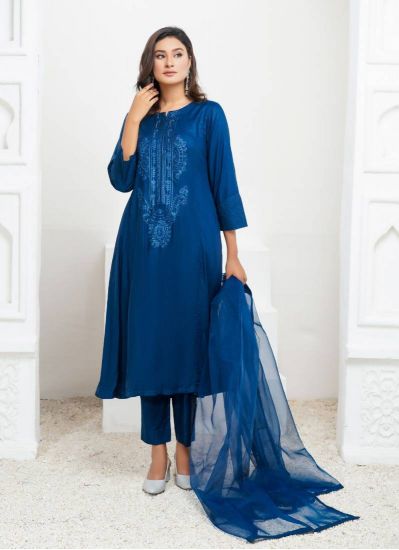 Blue A-line Thread Embroidered Linen Pakistani Suit Set