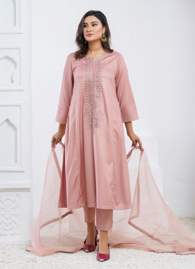 Buy Pink A-line Embroidered Linen Pakistani Suit with Trouser & Dupatta