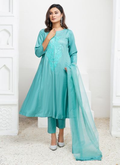 Buy Green A-line Embroidered Linen Pakistani Suit with Trouser & Dupatta
