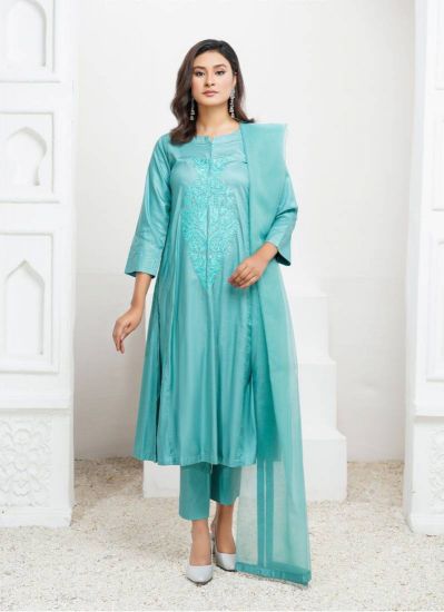 Green A-line Embroidered Linen Pakistani Suit Set