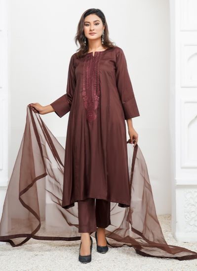 Brown A-line Embroidered Linen Pakistani Suit Set