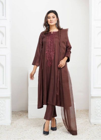 Brown A-line Embroidered Linen Pakistani Suit Set