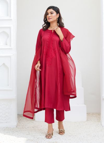Buy Maroon A-line Embroidered Linen Pakistani Suit with Trouser & Dupatta
