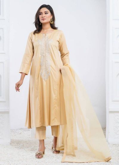 Beige A-line Embroidered Linen Pakistani Suit Set